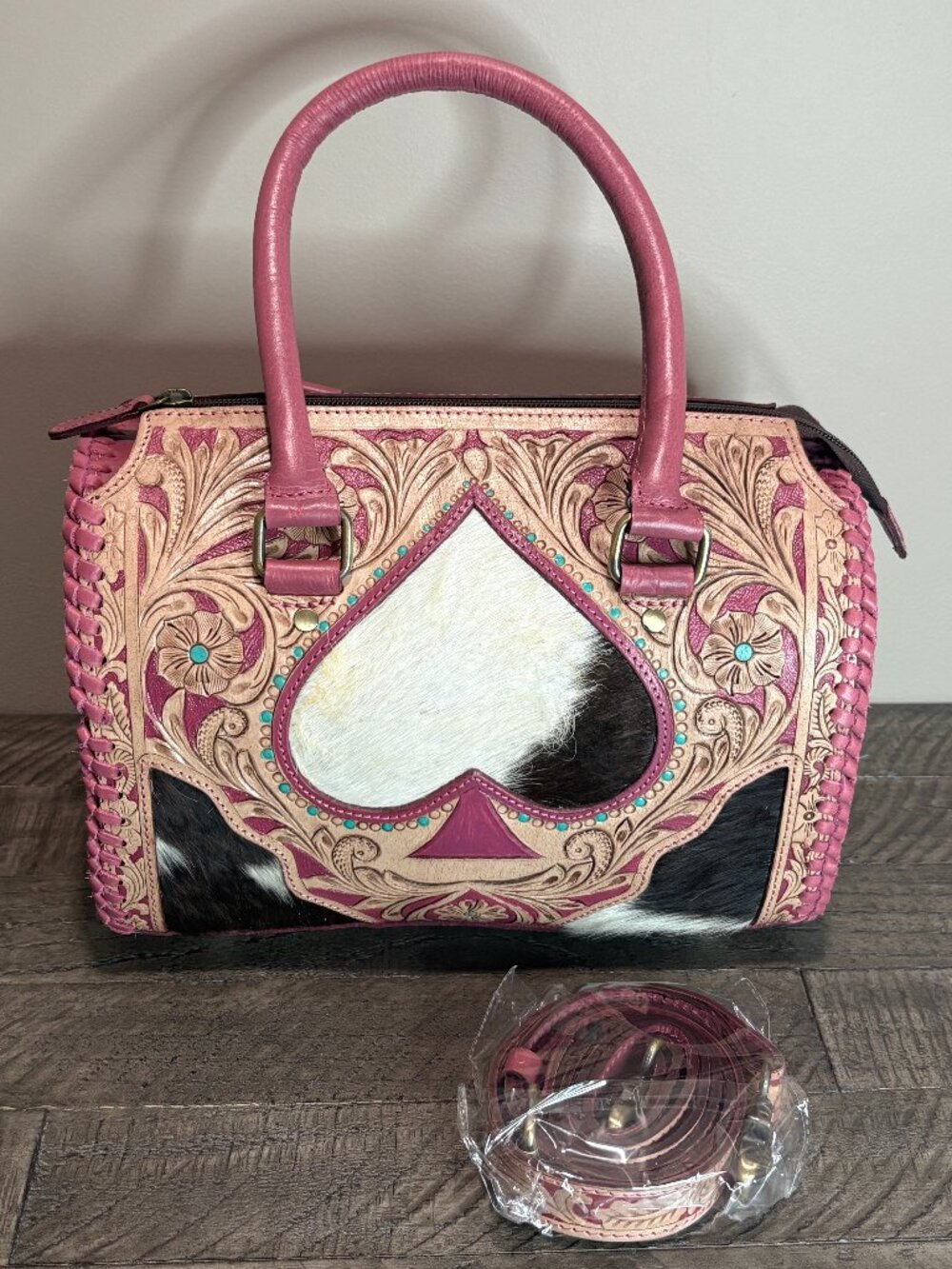 Handcrafted Tooled Leather Cowhide Handbag Pink Floral Spade Western Satchel